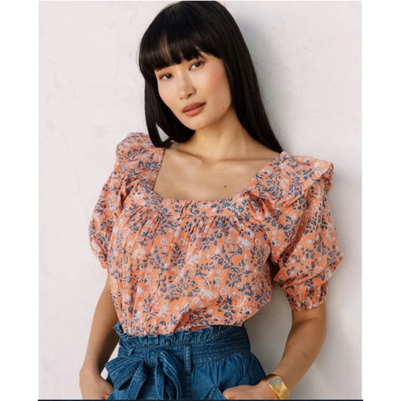 Cleobella Tops - Cleobella Mariana blouse in postiano floral orange blue puff sleeve blouse